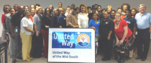 The world-famous Bar-Kays met with United Way staff and volunteers yesterday. James Alexander (center, baseball hat) and Larry Dotson (right of center, fedora and sunglasses) made a great announcement for United Way